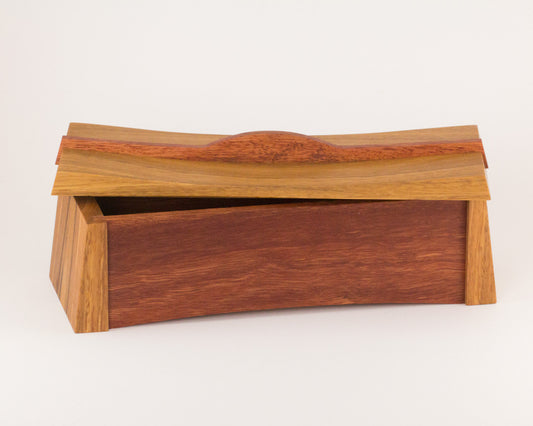 Asian inspired wooden keepsake box handcrafted from Australian Spotted Gum and Jarrah