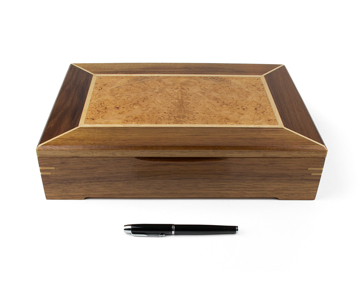 Wooden Document Box handcrafted from Tasmanian Blackwood & Maple Burl veneer