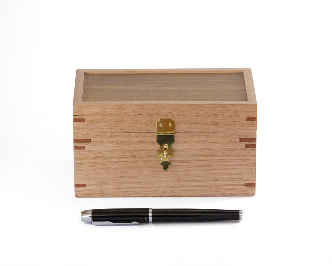 Small wooden lockable trinket box handcrafted from Australian Spotted Gum and Victorian Ash timbers