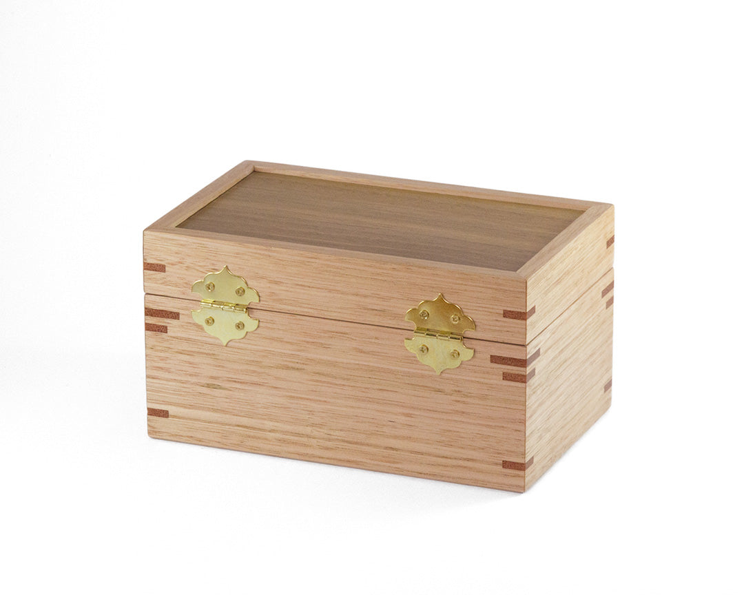 Small wooden lockable trinket box handcrafted from Australian Spotted Gum and Victorian Ash timbers