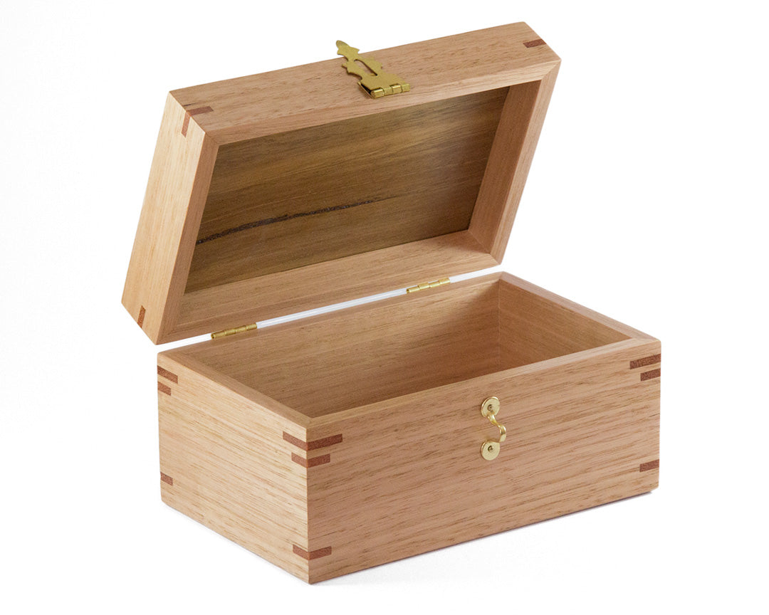 Small wooden lockable trinket box handcrafted from Australian Spotted Gum and Victorian Ash timbers