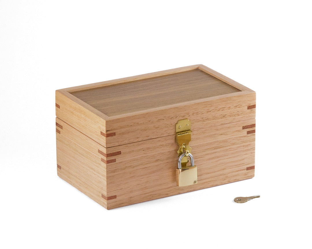 Small wooden lockable trinket box handcrafted from Australian Spotted Gum and Victorian Ash timbers