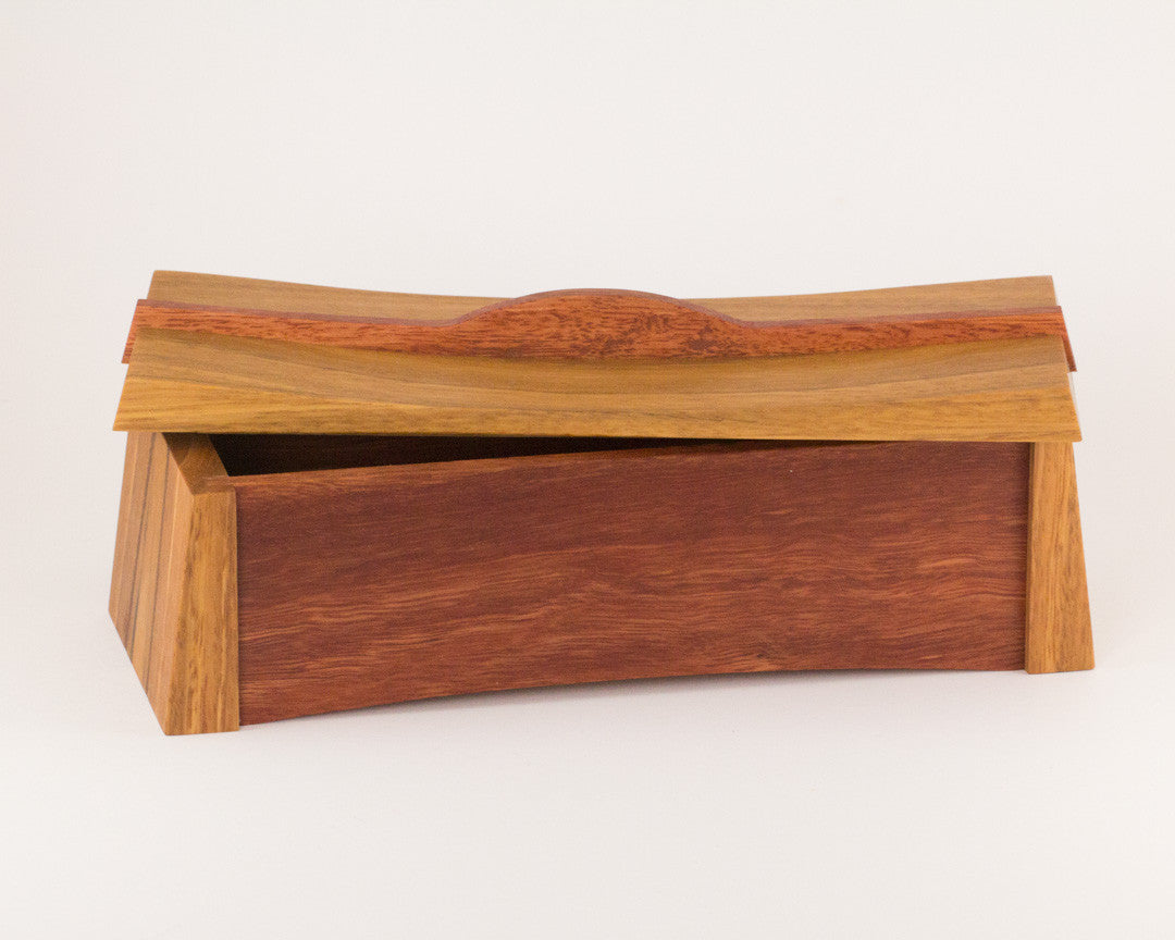 Asian inspired wooden keepsake box handcrafted from Australian Spotted Gum and Jarrah