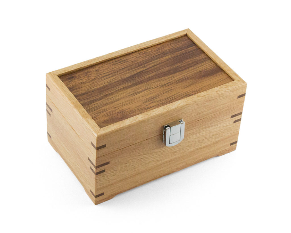 Blackbutt Small Jewellery Box with Blackwood veneered lid and Queesnalnd Walnut veneered insides