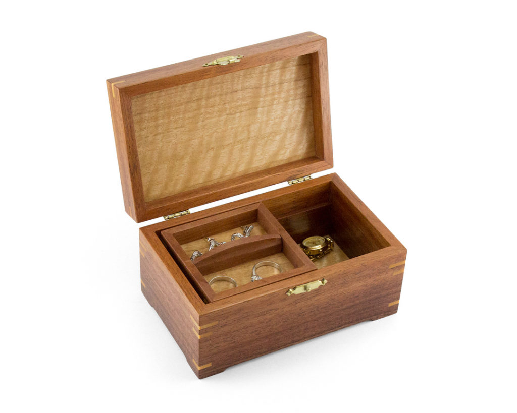 Blackwood Small Jewellery Box with Red River Gum veneered lid and Messmate veneered insides