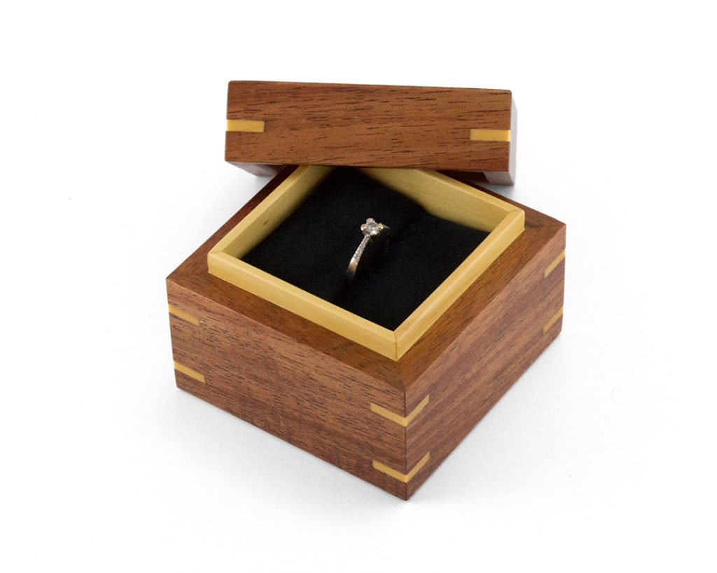 Blackwood Proposal Ring Box with Messmate veneered lid and Huon Pine interior liner