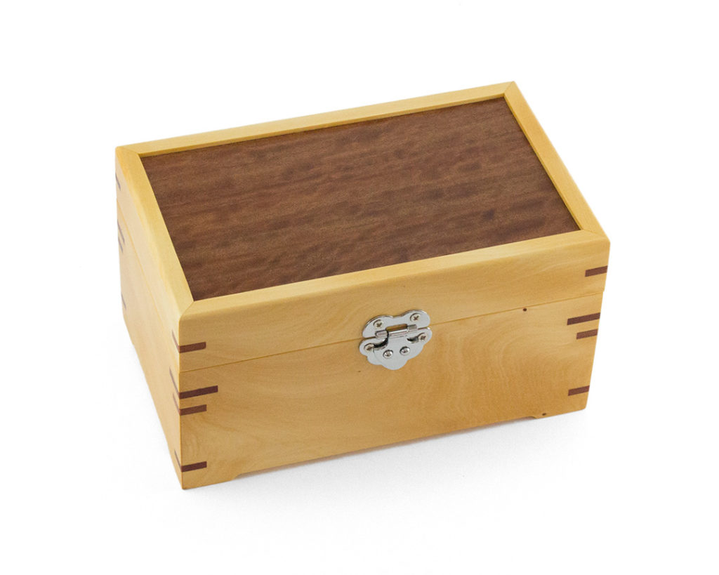 Huon Pine Small Jewellery Box with Red River Gum veneered lid and Queesnalnd Walnut veneered insides