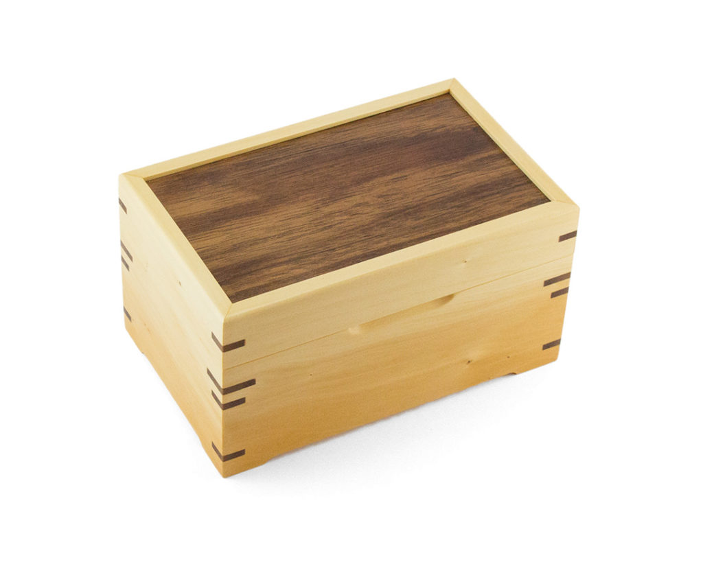 Huon Pine Small Jewellery Box with Blackwood veneered lid and Queesnalnd Walnut veneered insides