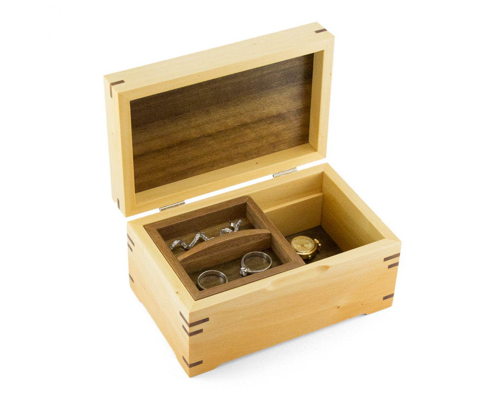 Huon Pine Small Jewellery Box with Blackwood veneered lid and Queesnalnd Walnut veneered insides