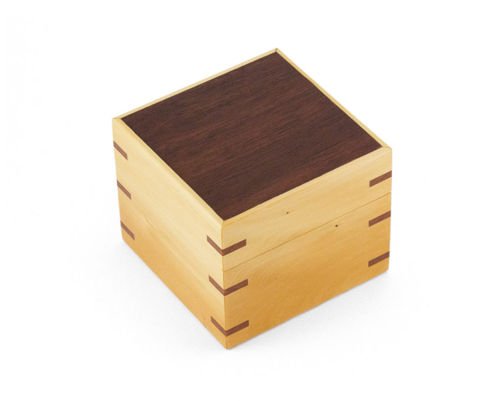 Huon Pine Proposal Ring Box with Jarrah veneered lid and Myrtle interior liner