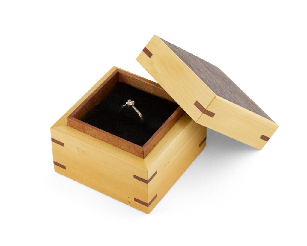 Huon Pine Proposal Ring Box with Jarrah veneered lid and Myrtle interior liner