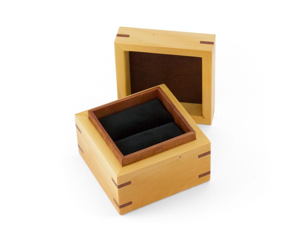Huon Pine Proposal Ring Box with Jarrah veneered lid and Myrtle interior liner