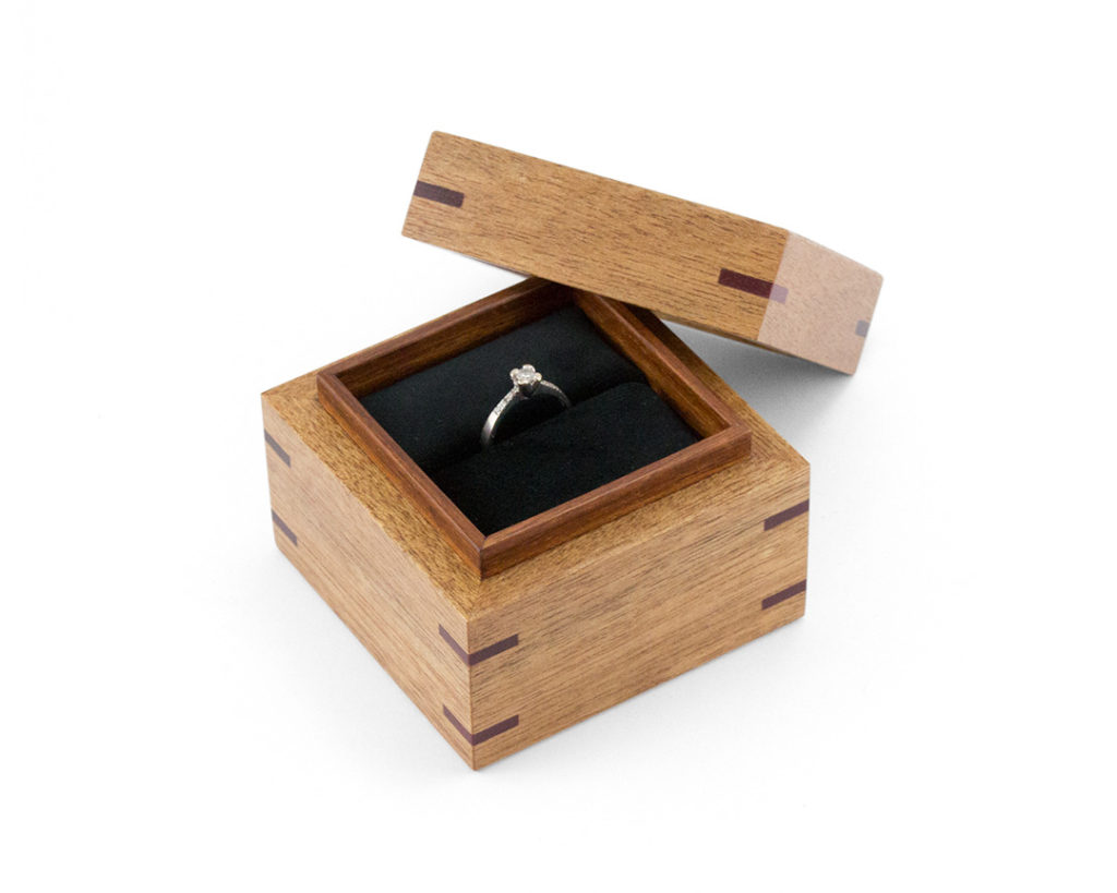 Meranti Proposal Ring Box with Blackwood veneered lid and Blackwood interior liner