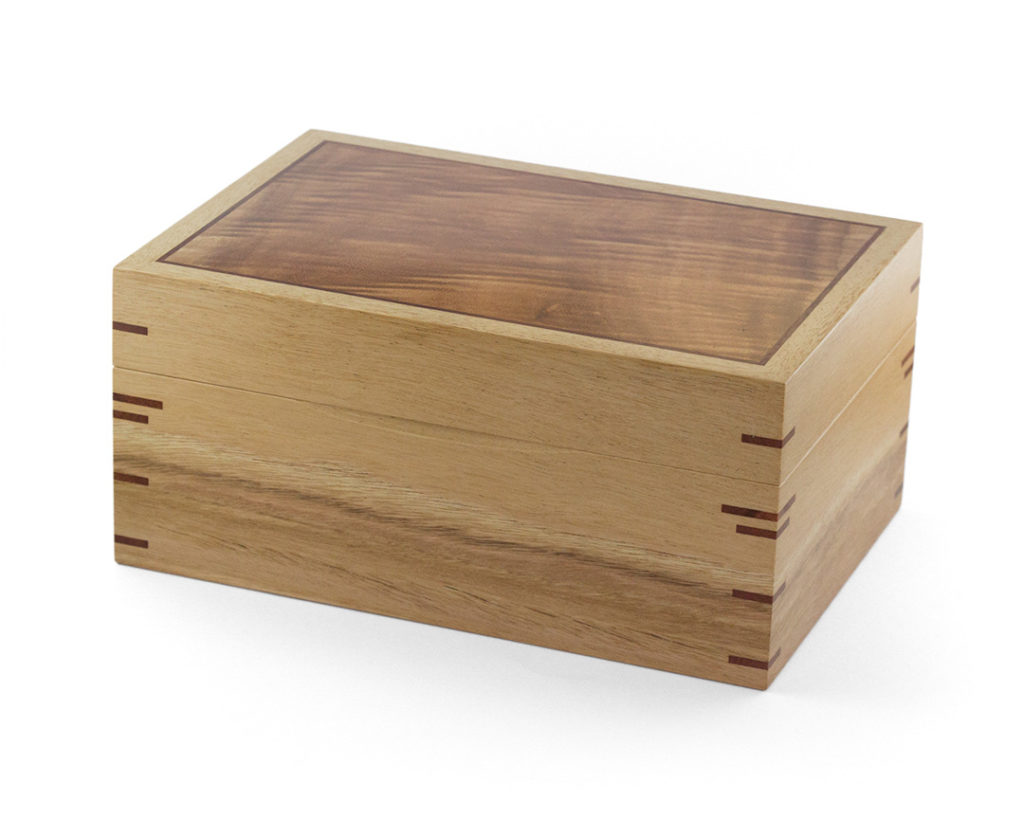 Three-Level Blackbutt Jewellery Box with Jarrah interior and Queensland Maple veneered lid