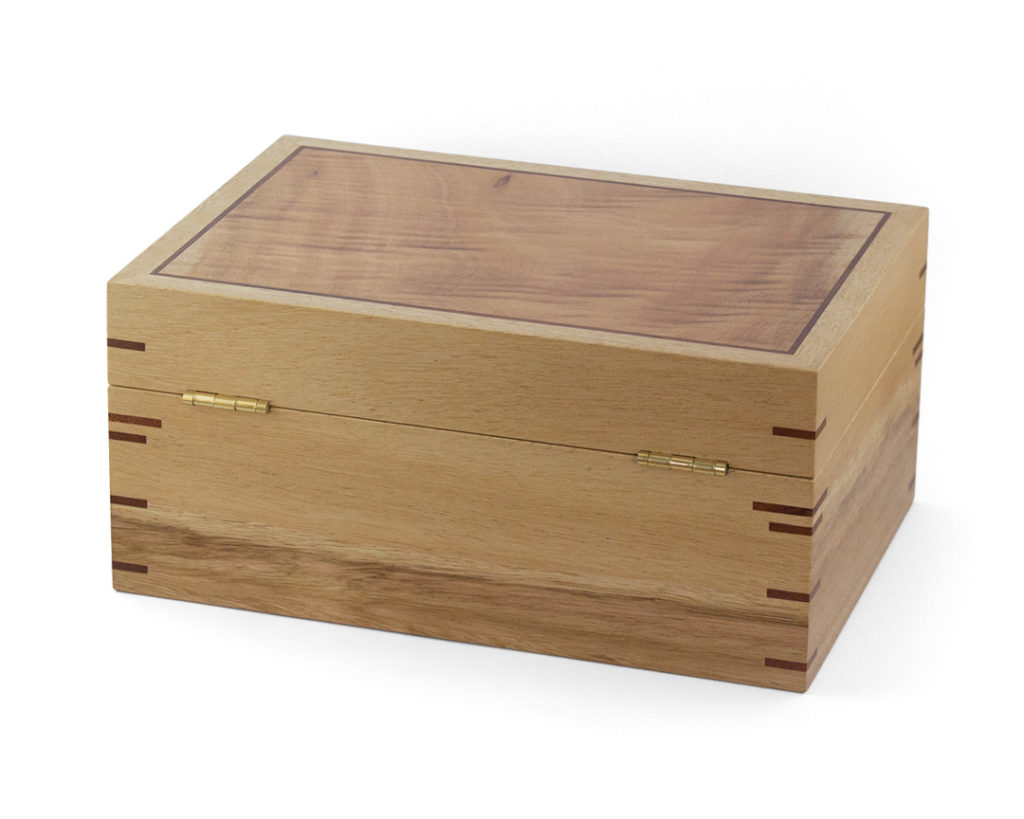 Three-Level Blackbutt Jewellery Box with Jarrah interior and Queensland Maple veneered lid