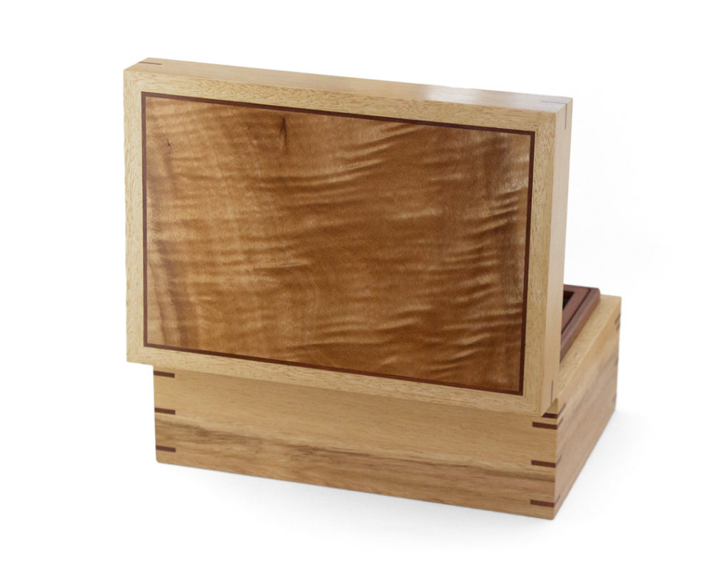 Three-Level Blackbutt Jewellery Box with Jarrah interior and Queensland Maple veneered lid