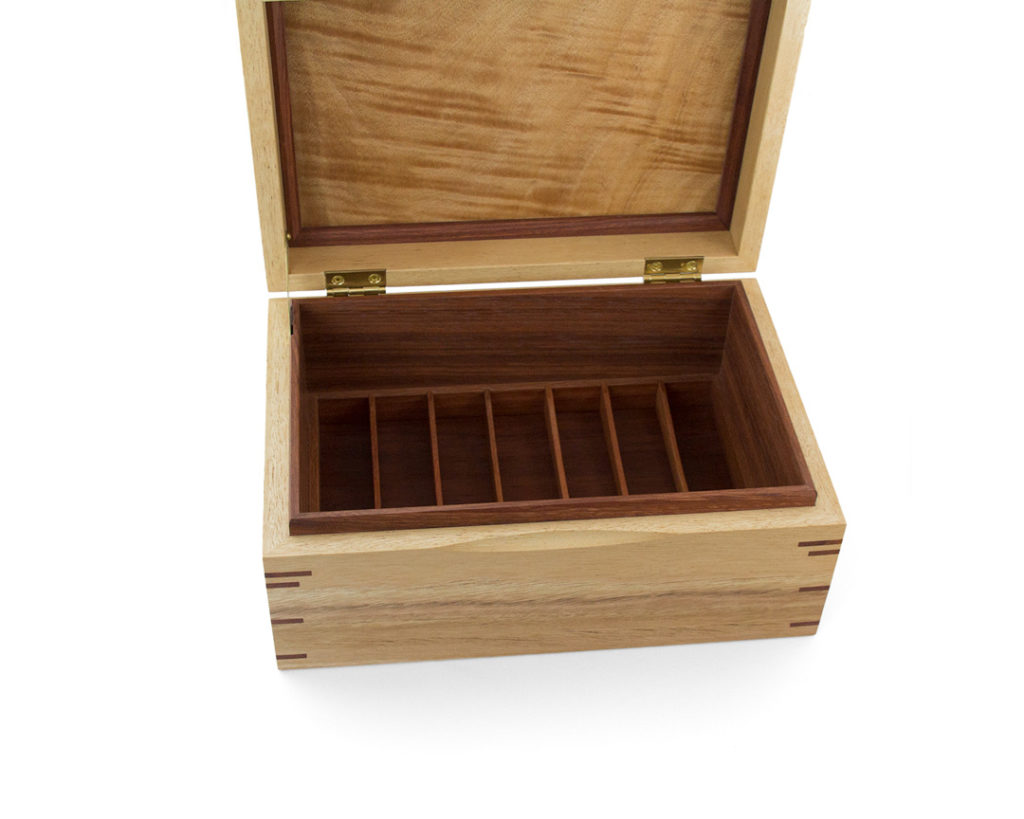 Bottom third of jewellery box with with seven storage partitions