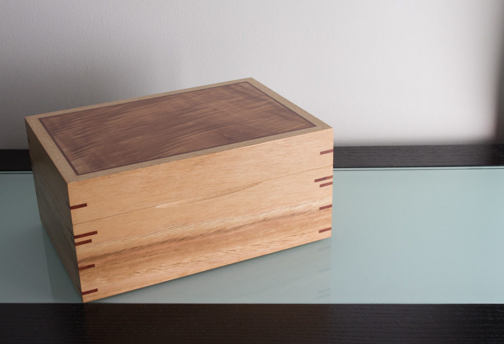 Three-Level Blackbutt Jewellery Box with Jarrah interior and Queensland Maple veneered lid