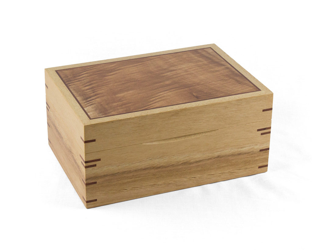 Three-Level Blackbutt Jewellery Box with Jarrah interior and Queensland Maple veneered lid