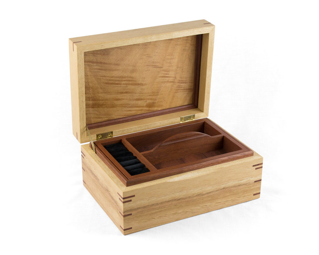 Three-Level Blackbutt Jewellery Box with Jarrah interior and Queensland Maple veneered lid