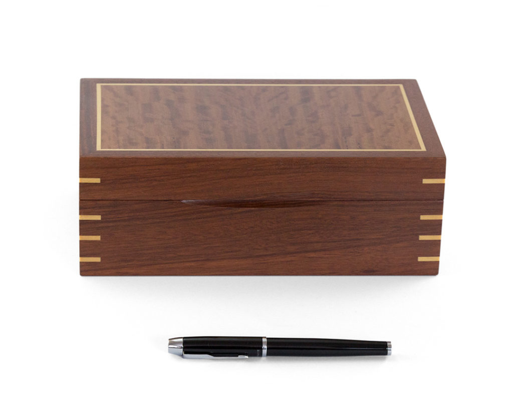 Jarrah Jewellery Box with Red River Gum veneered lid, Huon Pine trim and Blackbutt interior