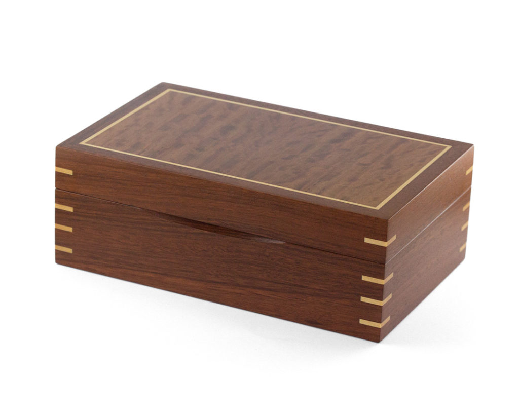 Jarrah Jewellery Box with Red River Gum veneered lid, Huon Pine trim and Blackbutt interior