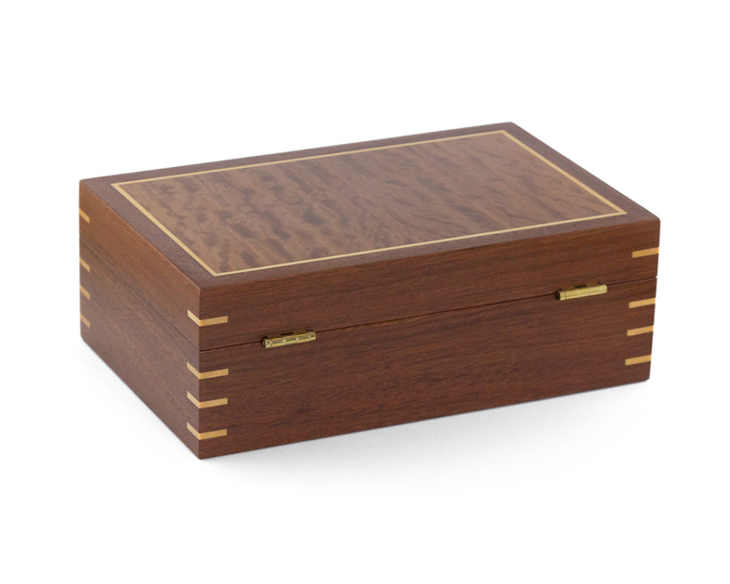 Jarrah Jewellery Box with Red River Gum veneered lid, Huon Pine trim and Blackbutt interior