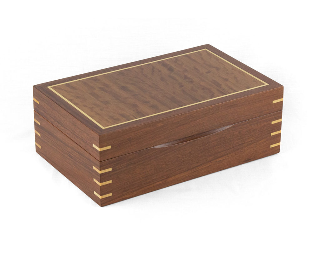 Jarrah Jewellery Box with Red River Gum veneered lid, Huon Pine trim and Blackbutt interior